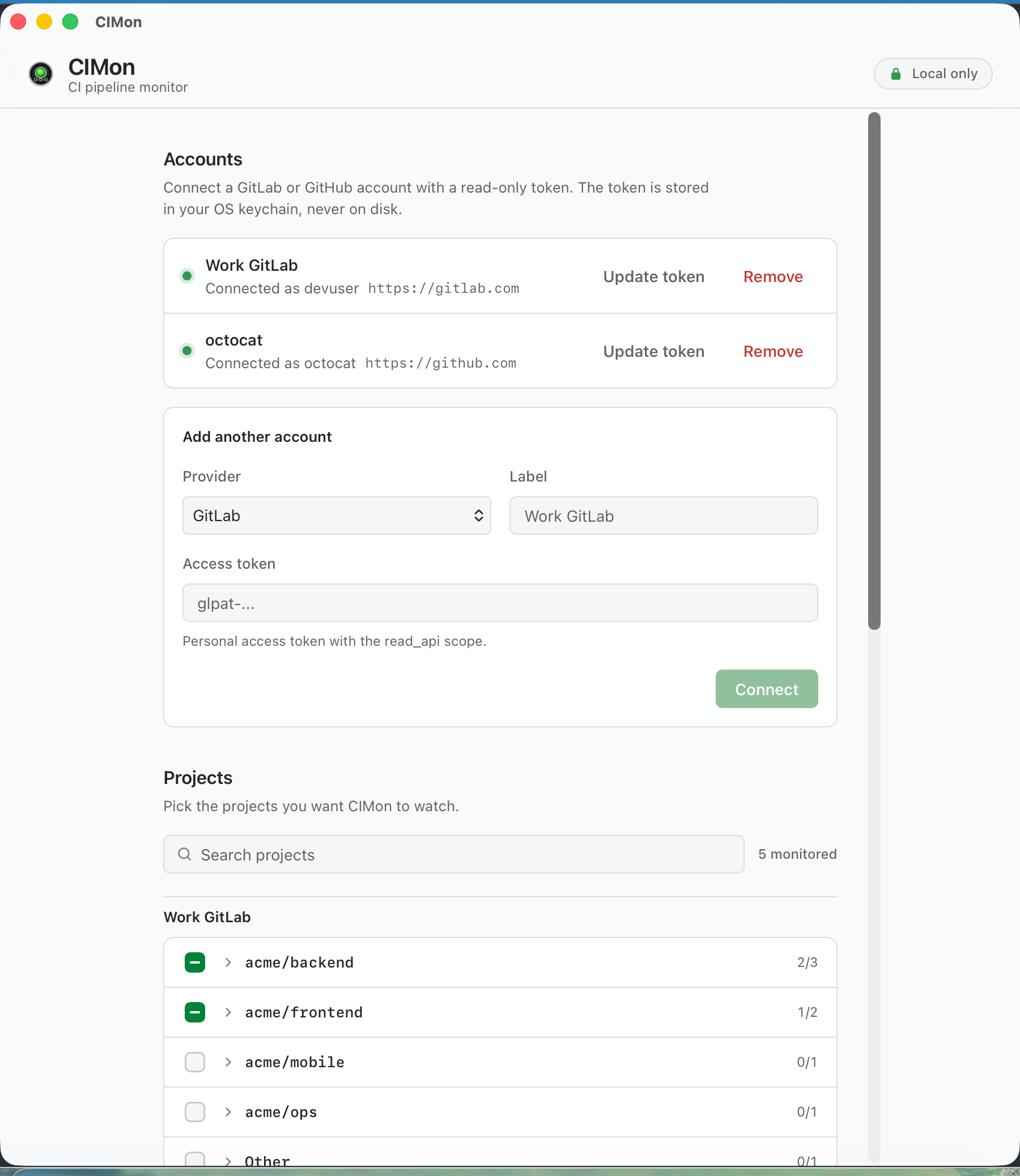 CIMon settings showing connected accounts and project selection